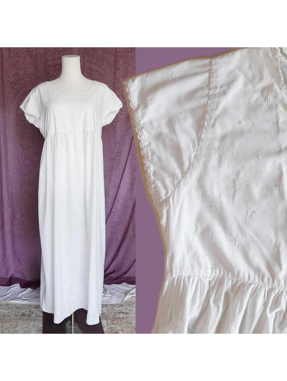 Vintage Lands End White Maxi Dress Cotton Empire Waist Cottage Minimal